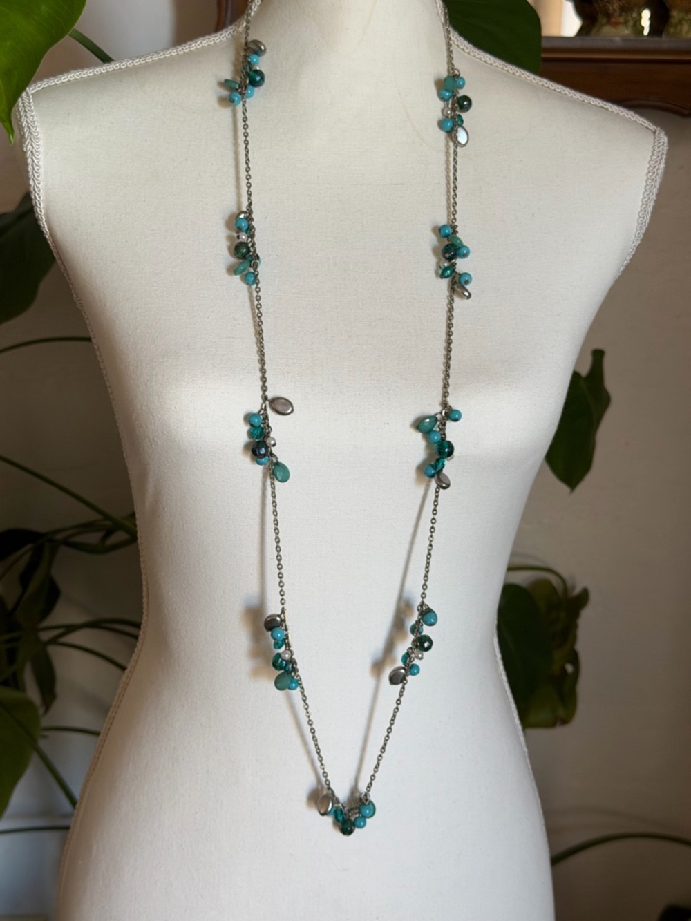 Vintage Teal & Silver Cluster Bead Long Beaded Station Necklace